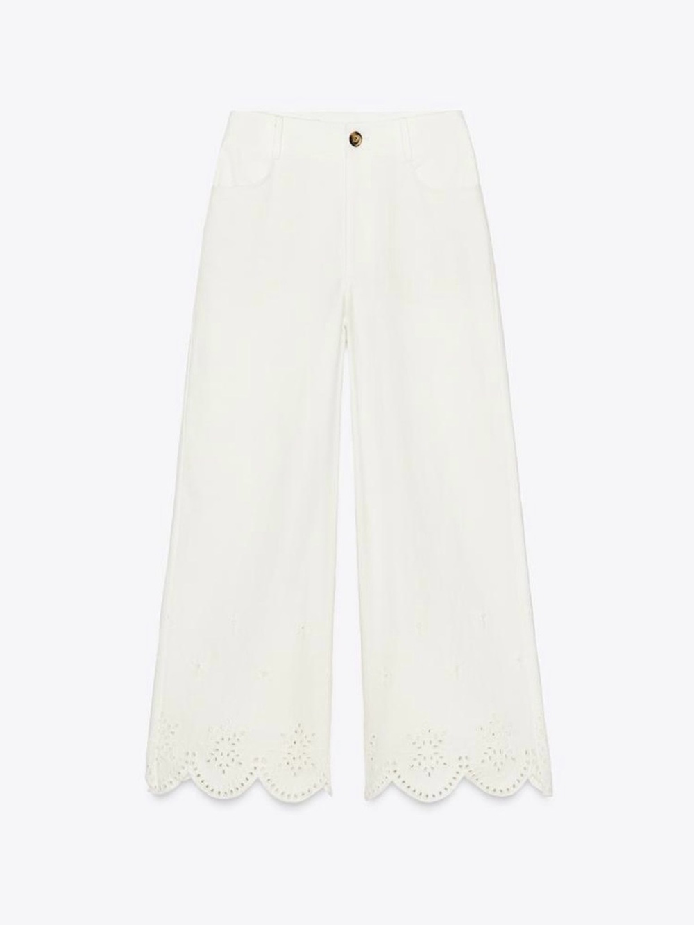Zara White Scalloped-Hem Cropped Wide-Leg Jeans